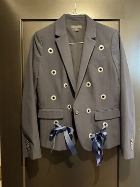 Ann Taylor Navy Double-Breasted Eyelet Blazer with Ribbon Ties